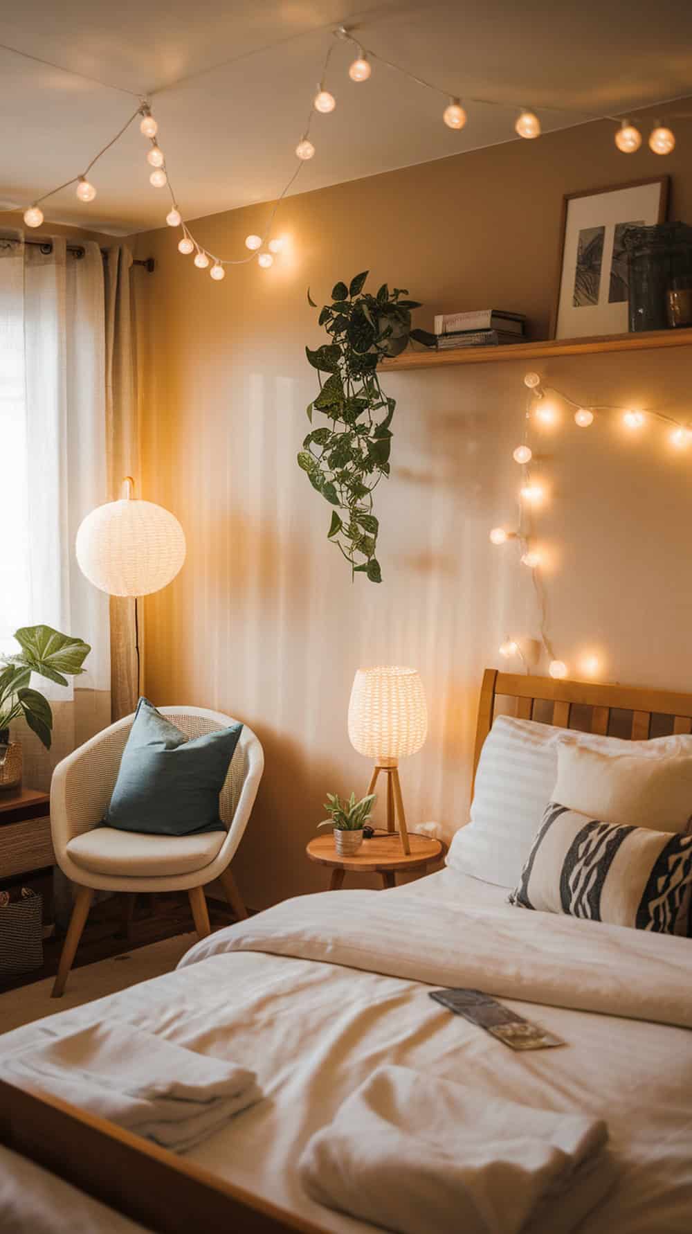 A cozy bedroom with soft ambient lighting, featuring string lights and warm lamps.