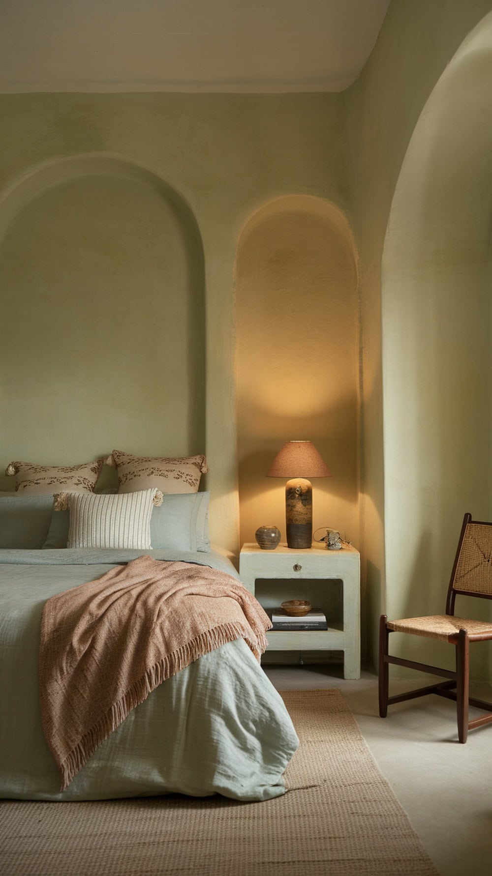 A serene bedroom featuring limewash walls, soft green tones, and warm lighting.