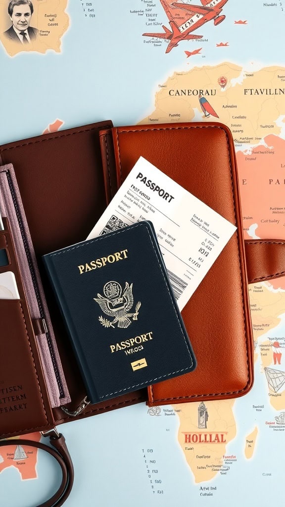 A stylish passport holder with a passport and tickets on a map background.
