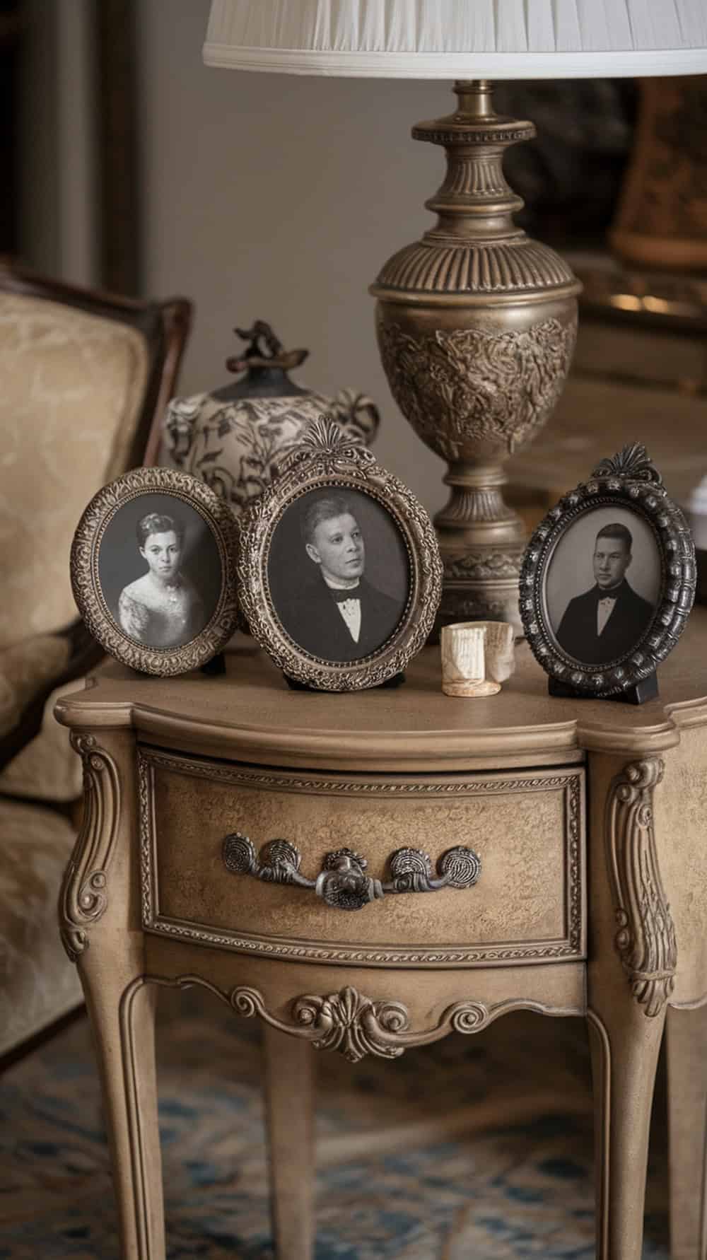 Vintage portrait frames on a nightstand with a lamp and decorative items.