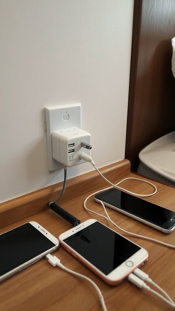 A multi-device travel adapter plugged into a wall outlet with several smartphones connected.