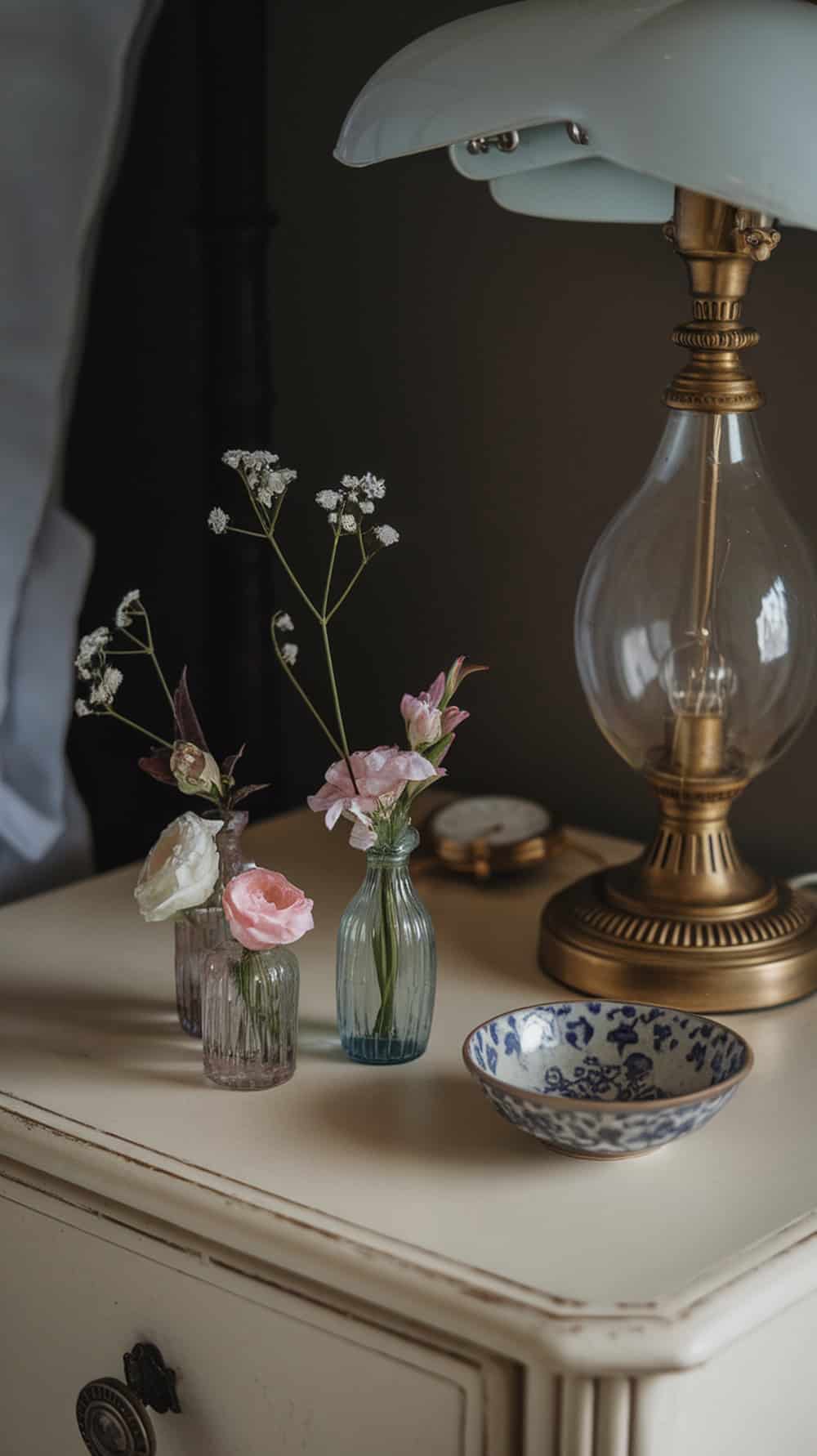 A nightstand with delicate floral arrangements in small vases, a lamp, and a decorative bowl.