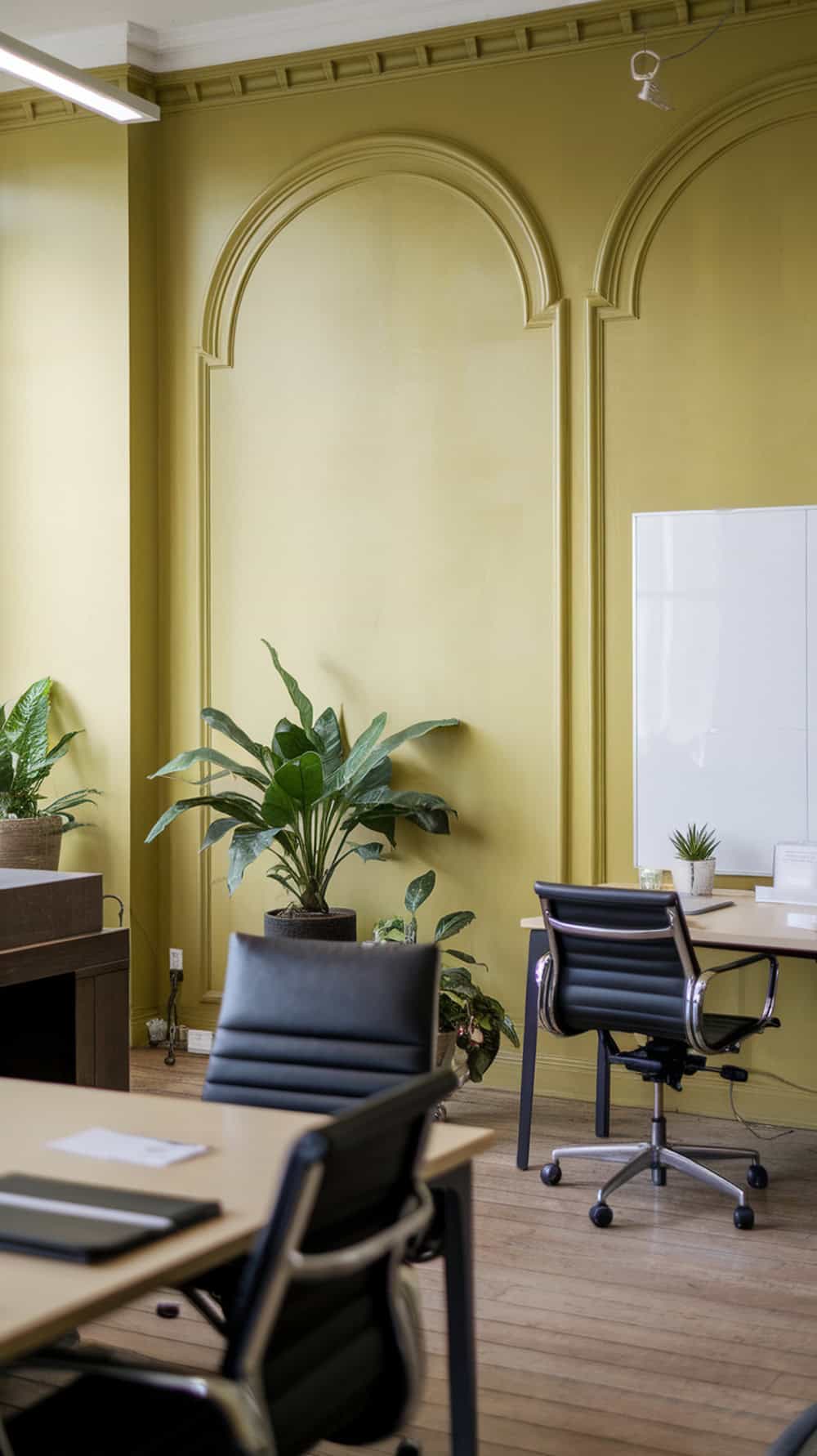 A contemporary office featuring limewash walls, plants, and modern furniture.