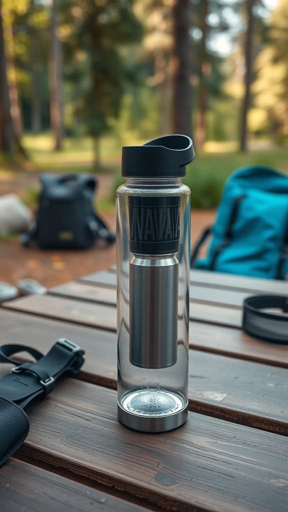 A clear water bottle with a built-in filter placed on a wooden table in a natural setting.