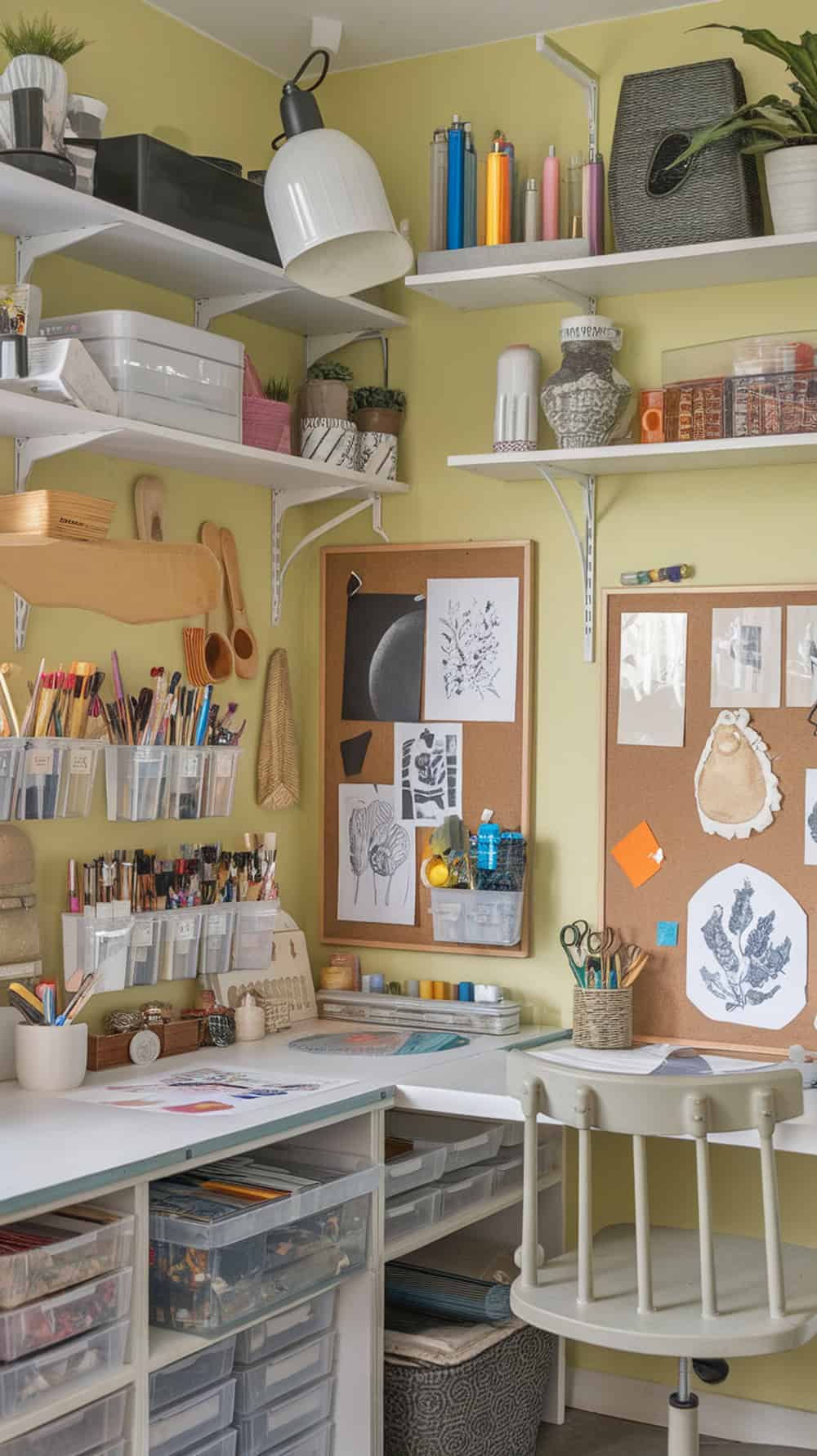 Artisan craft room with limewash wall and organized shelves.