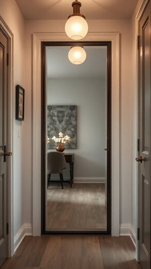 A stylish entryway with a large mirror reflecting light and creating depth.