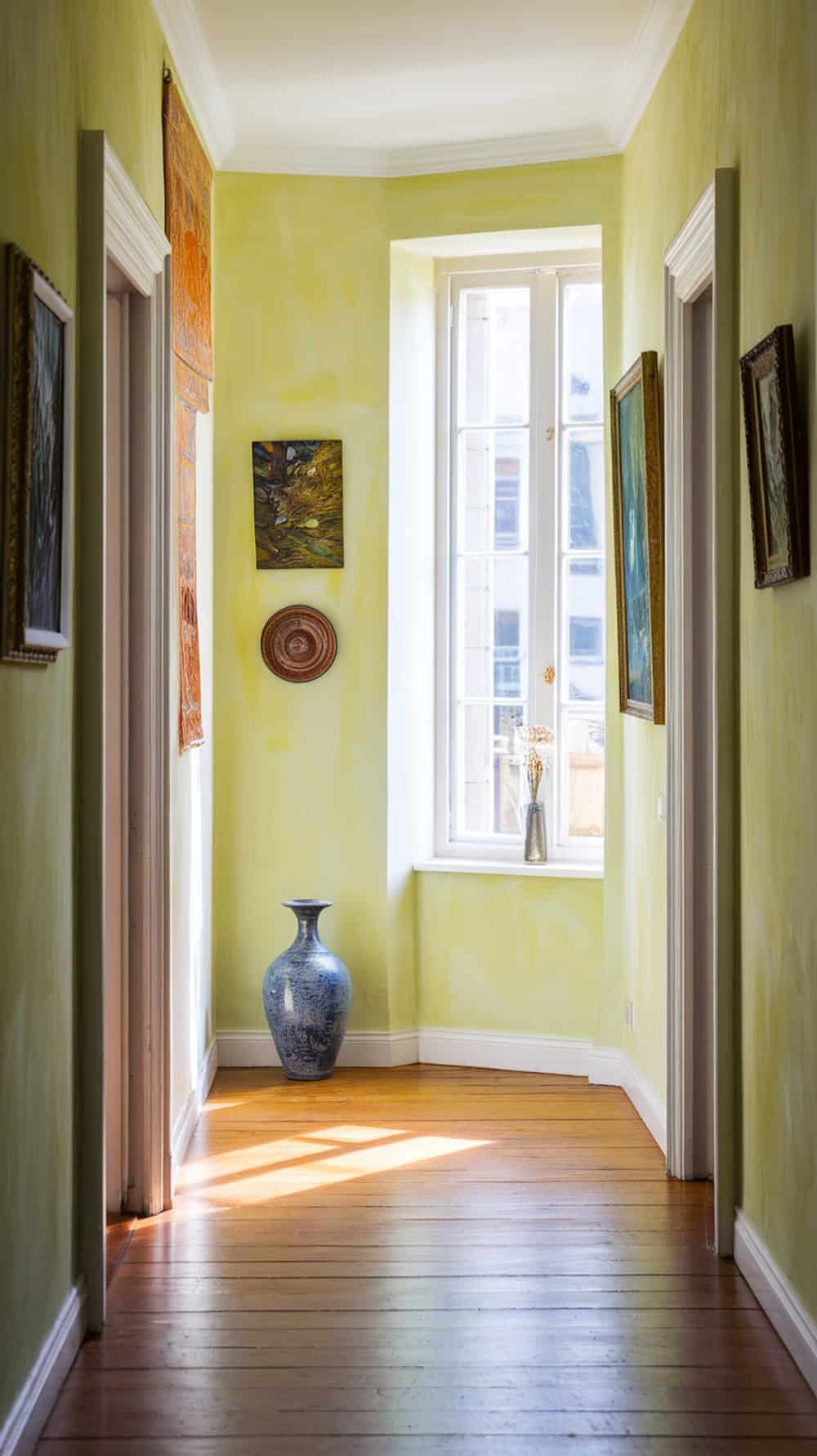 Bright and airy hallway with limewash walls and decorative elements.