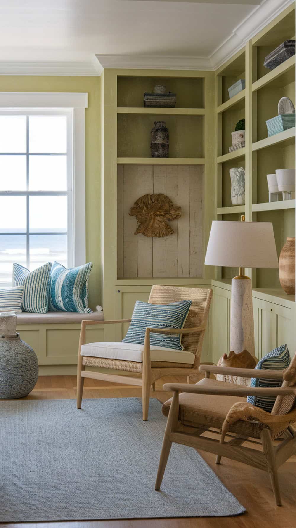 A cozy coastal retreat featuring limewash walls, natural wood furniture, and ocean-inspired decor.