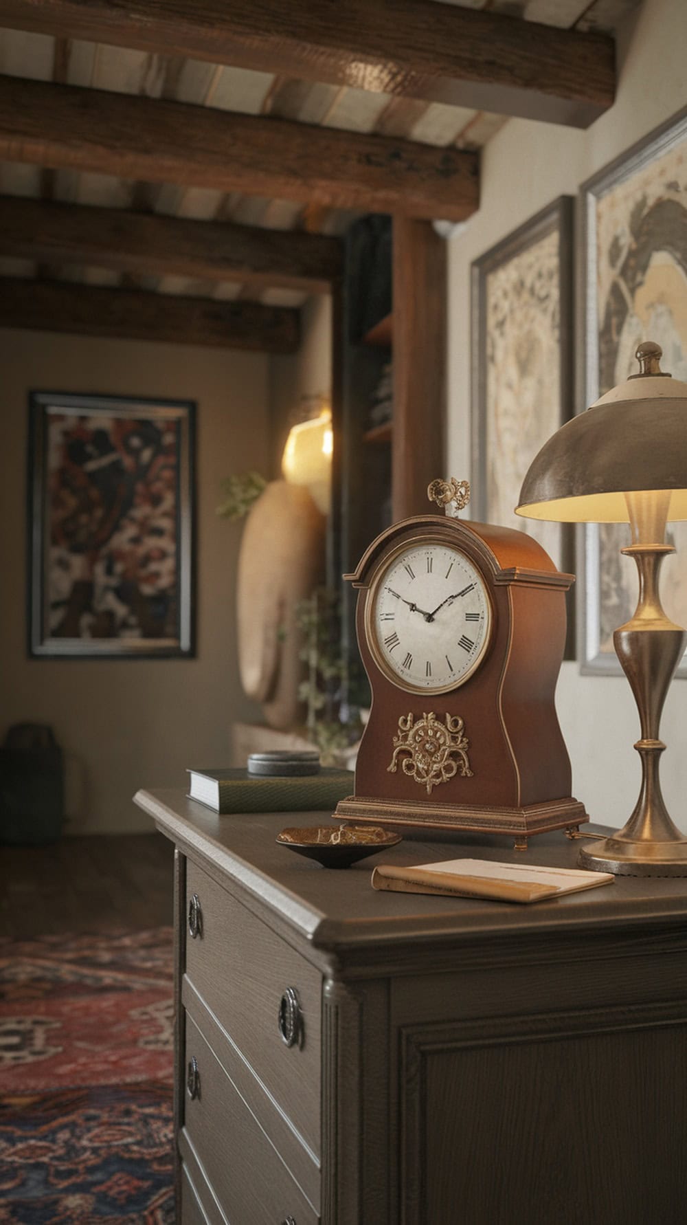 A vintage clock on a nightstand with a lamp and decorative items.