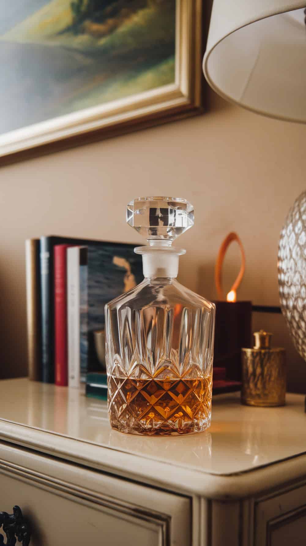 A crystal decanter on a nightstand with books and a lamp