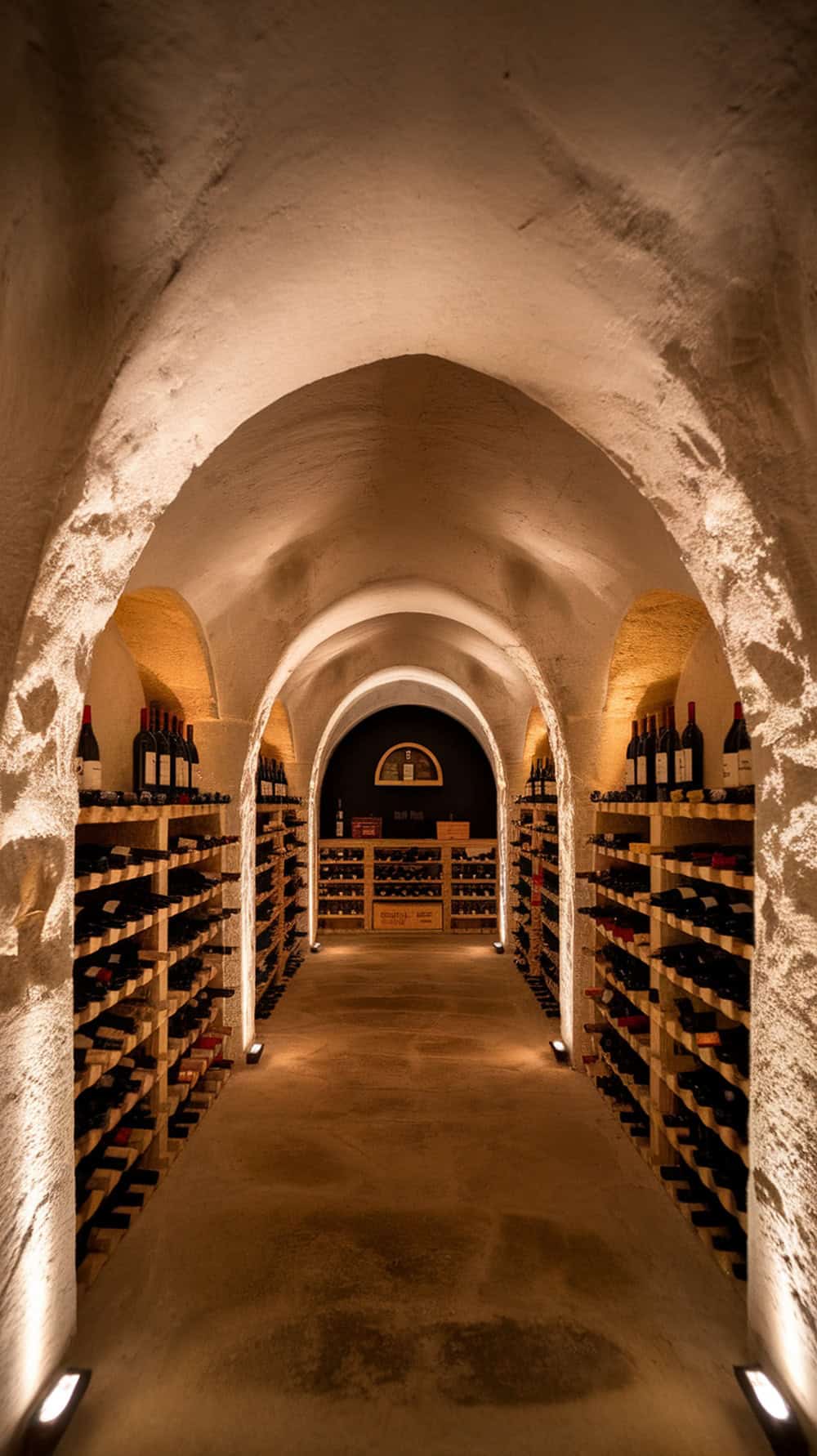 Interior view of a wine cellar with limewash walls and wooden shelves.