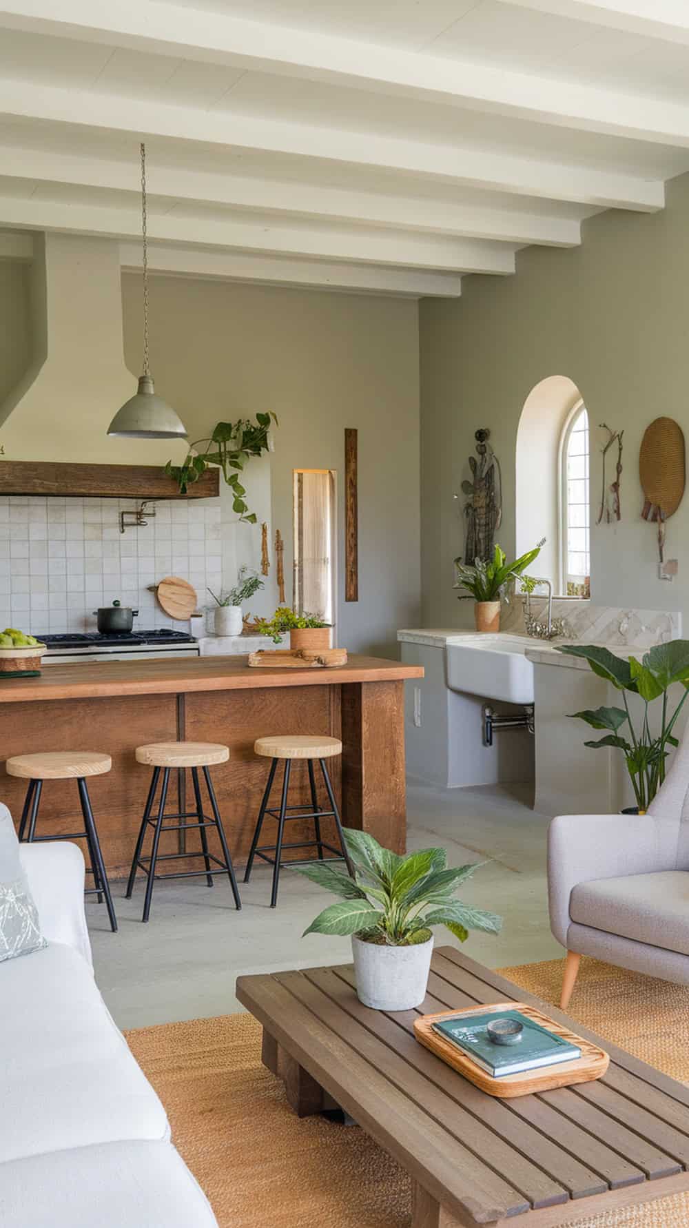 Open concept living area with limewash walls, wooden furniture, and plants.