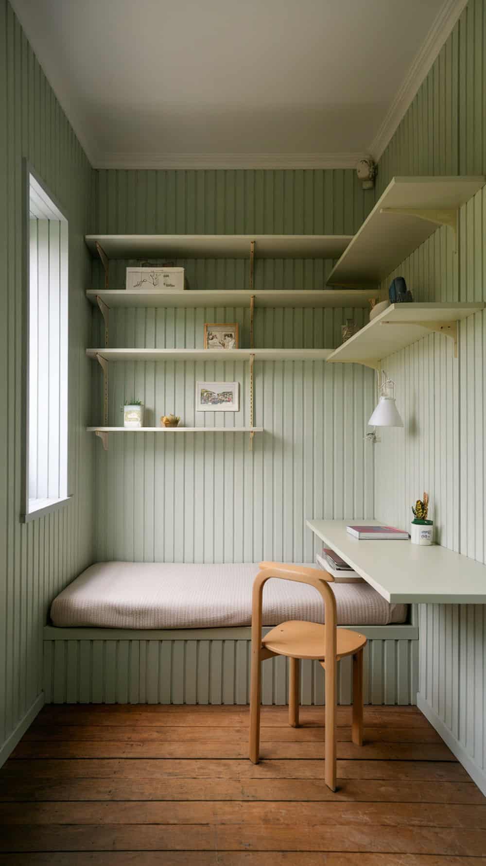 A small room with limewash walls, featuring a cozy bed, wooden floor, and minimalist decor.