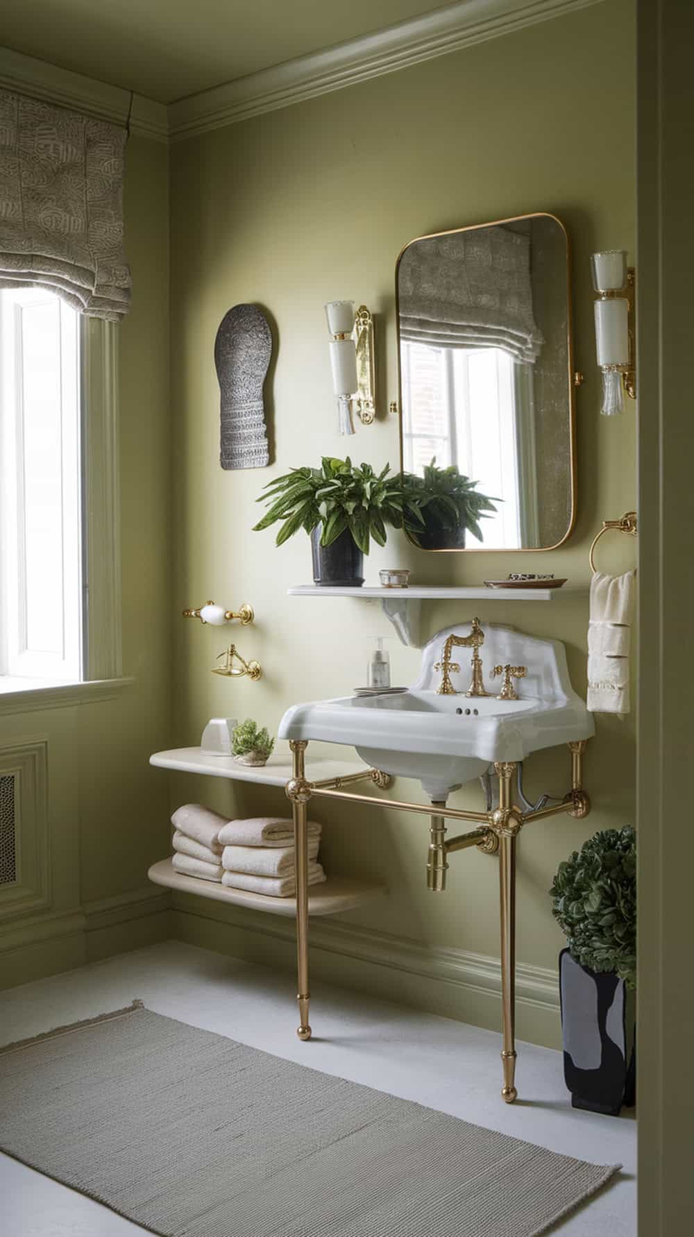Luxurious powder room with limewash walls, gold fixtures, and plants.