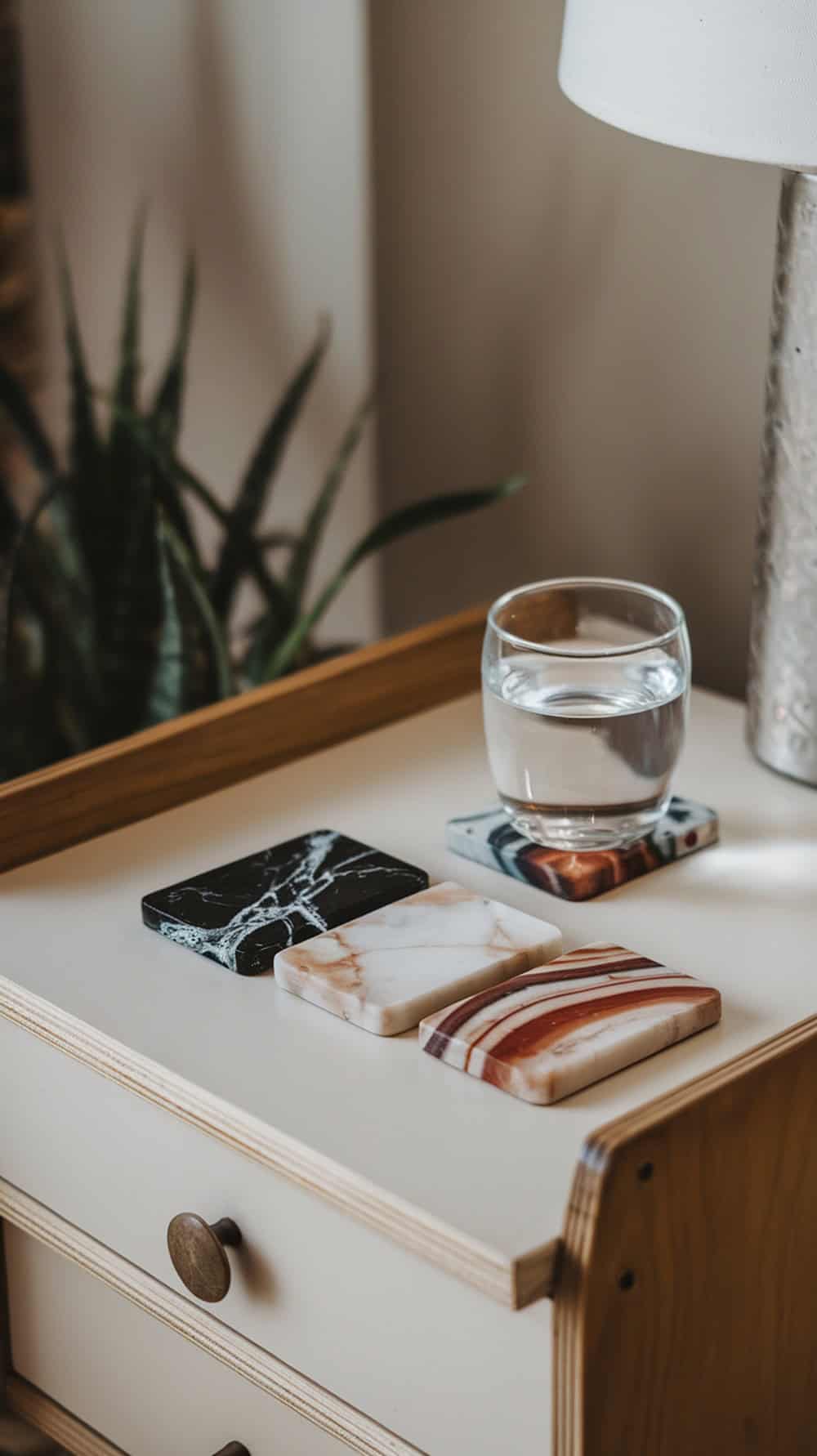 A stylish nightstand featuring various marble coasters and a glass of water.
