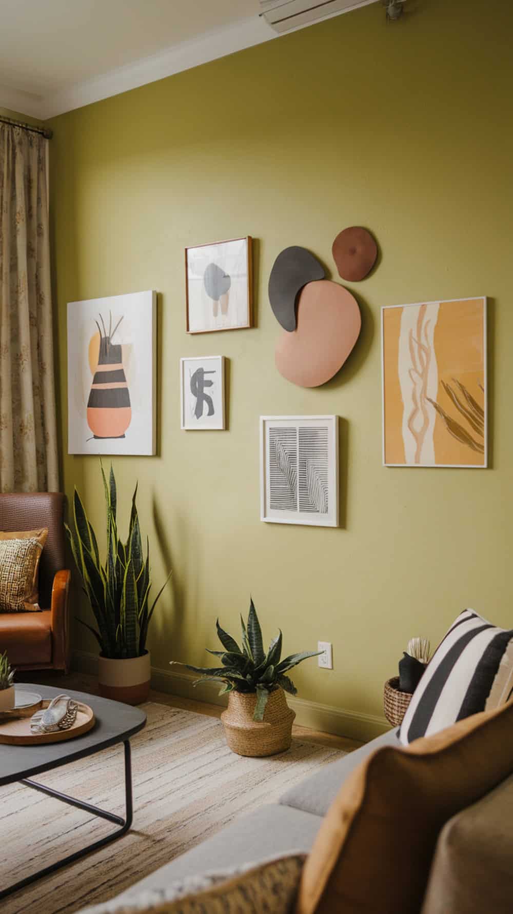 A cozy living room with a limewash accent wall, featuring modern artwork and plants.