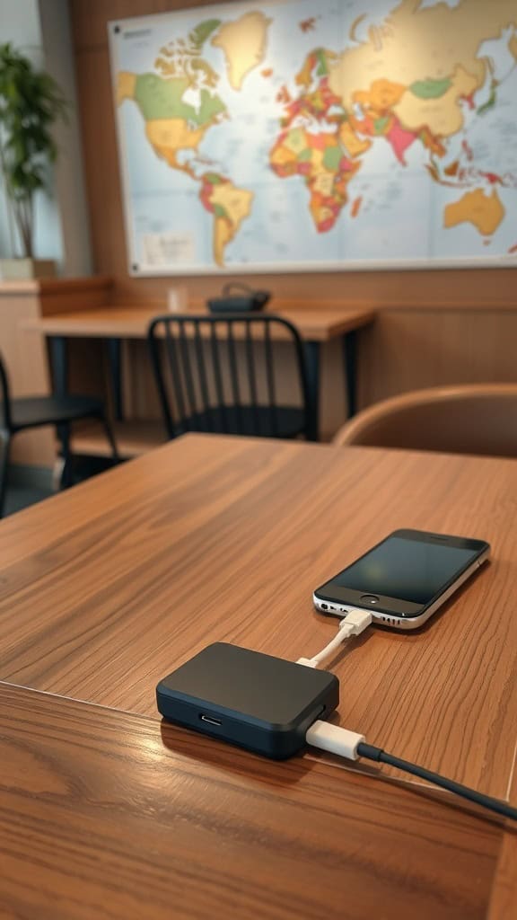 A portable charger connected to a smartphone on a wooden table with a world map in the background.