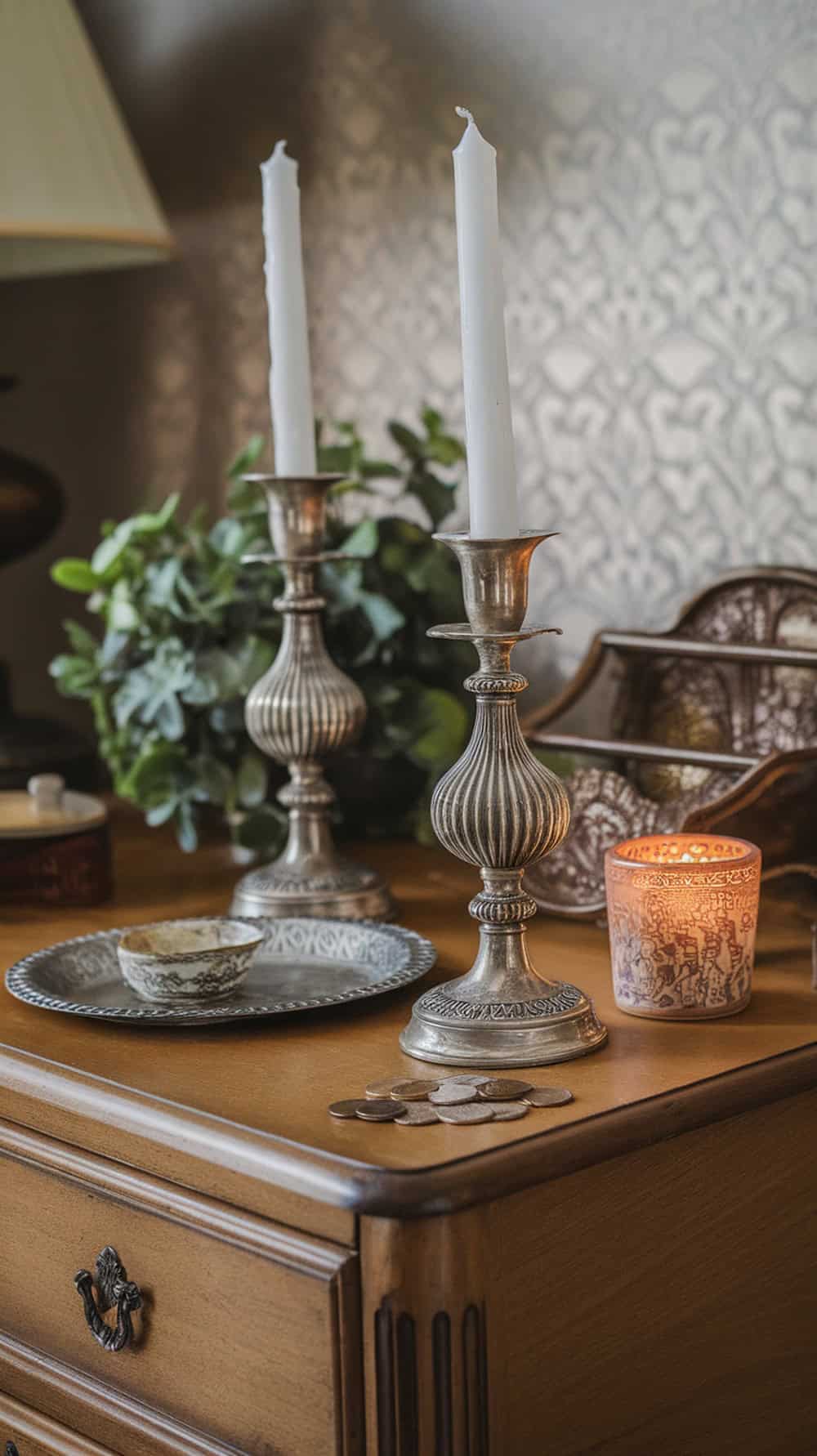 A nightstand styled with antique silver candlesticks, a decorative tray, and a candle.