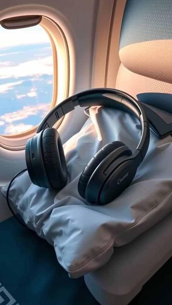 Noise-canceling headphones resting on a pillow by an airplane window.
