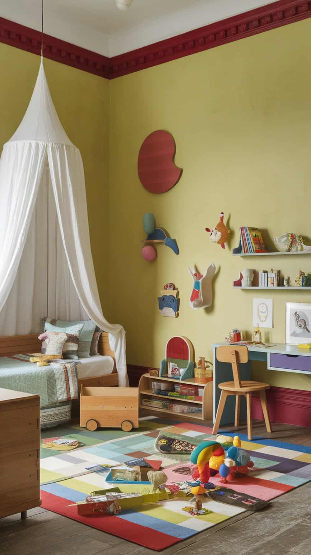 A colorful child's room featuring limewash walls, playful decor, and a cozy atmosphere.