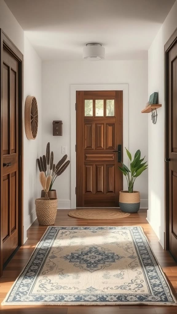 A cozy entryway featuring a simple area rug, wooden doors, and potted plants.