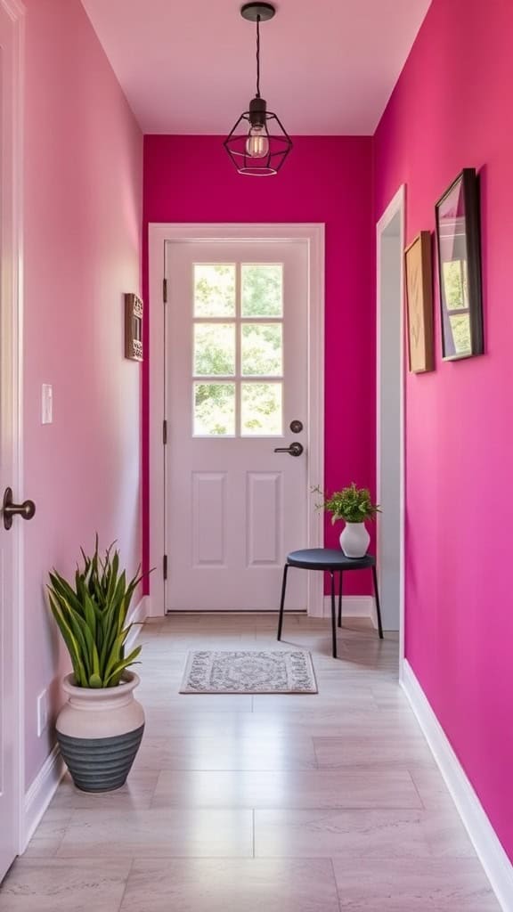 Bright pink accent wall in a small entryway with a door, plant, and a small chair.