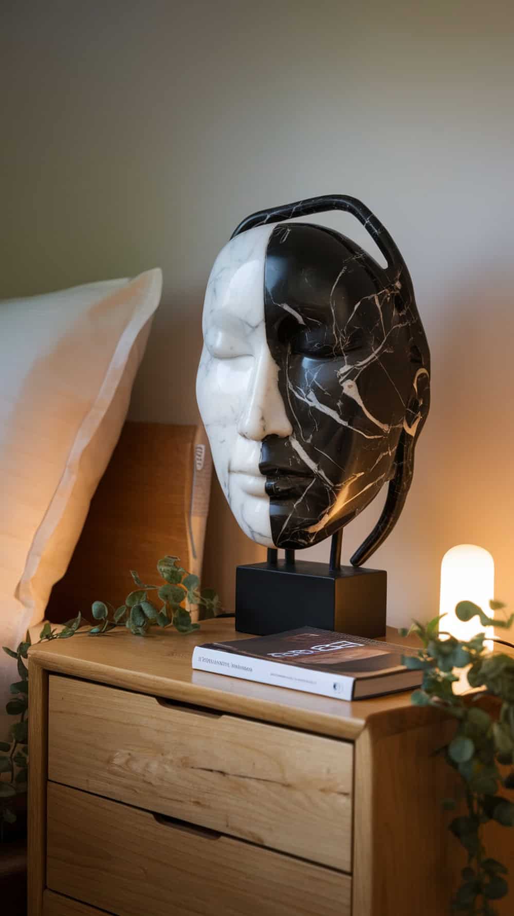 A black and white marble sculpture of a face on a nightstand with a plant and a book.