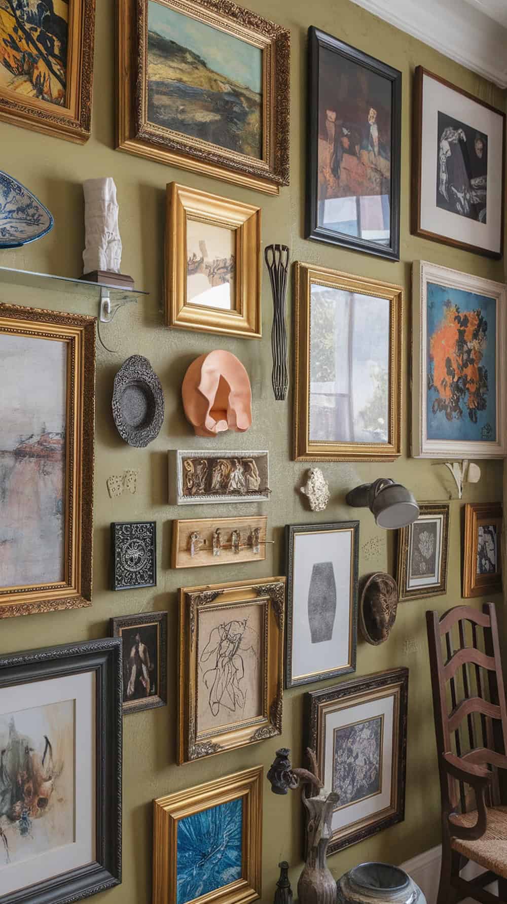 Eclectic gallery wall with various framed artworks and decor on limewash wall.