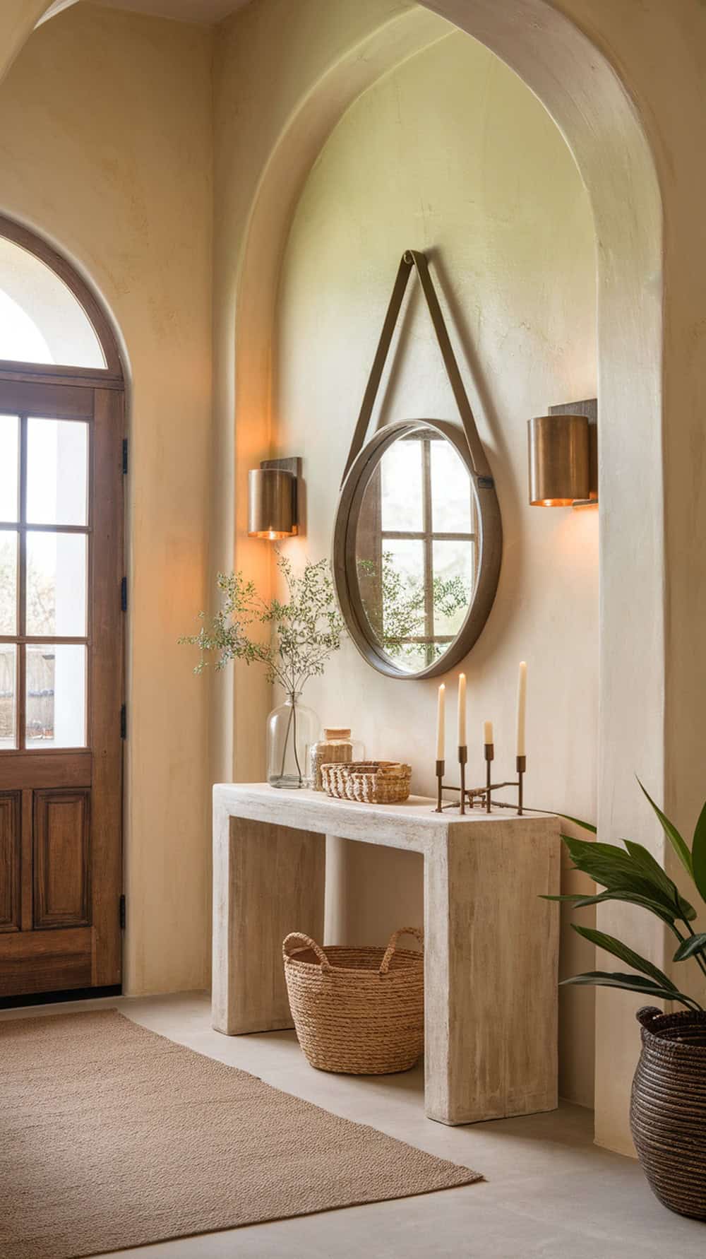 Stylish entryway featuring limewash walls, a console table, and decorative elements.