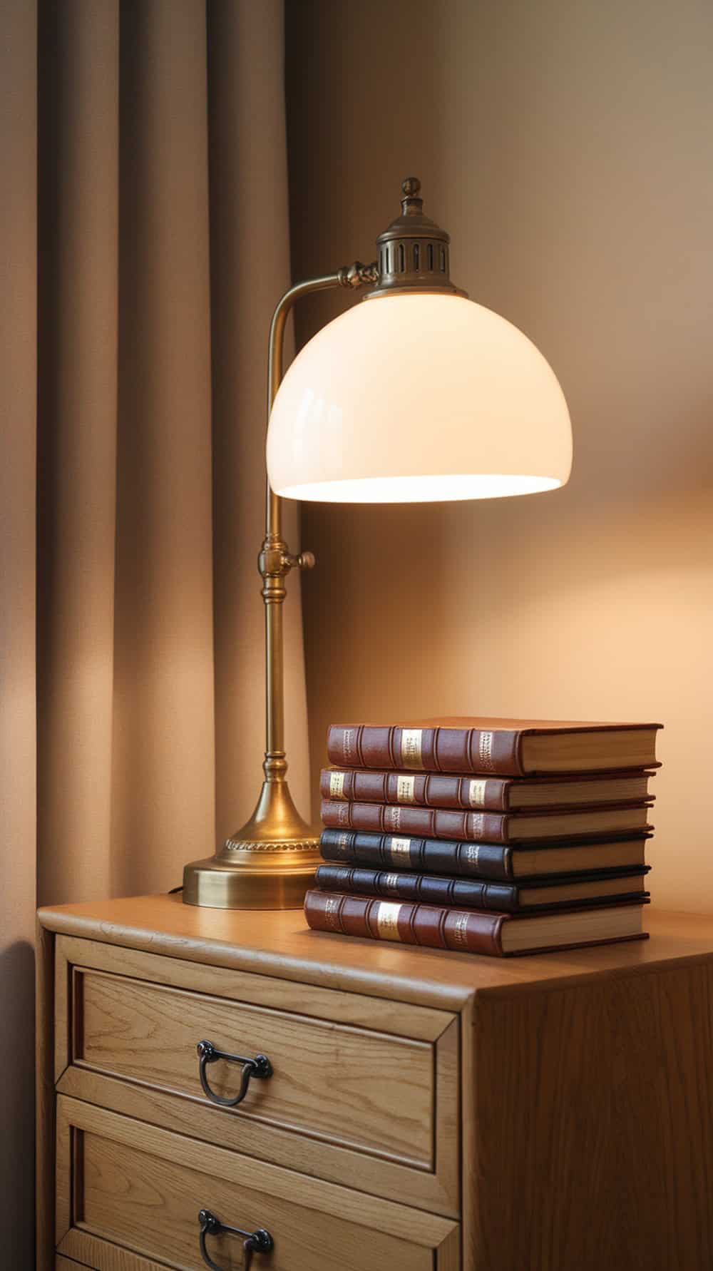 A stack of classic leather bound books on a nightstand next to a lamp.