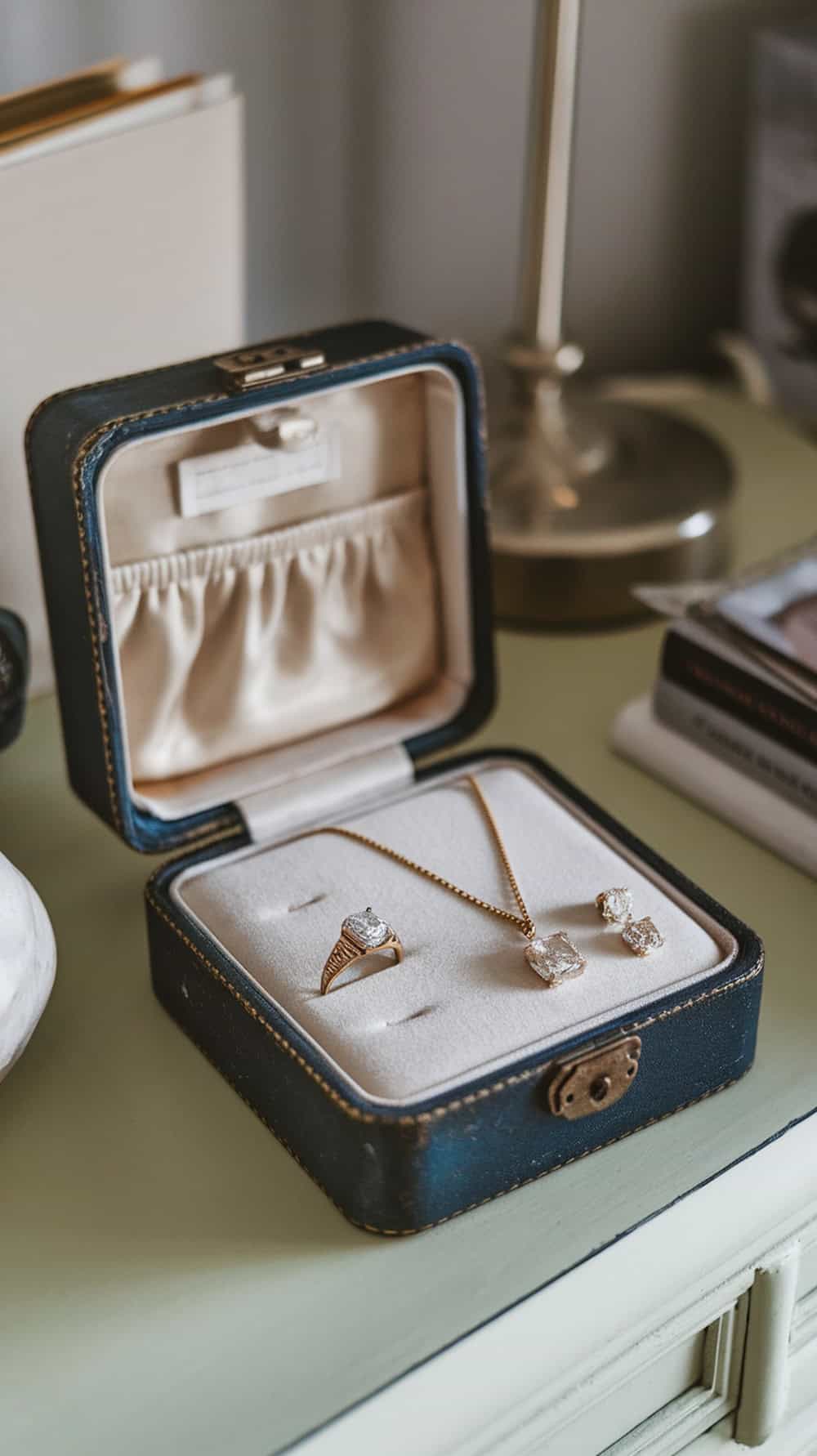 A vintage jewelry box with a necklace and earrings displayed on a nightstand.