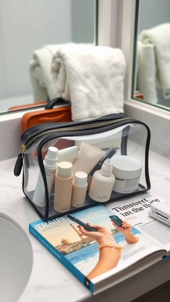 Travel-sized toiletries in a clear bag next to a magazine and a towel.