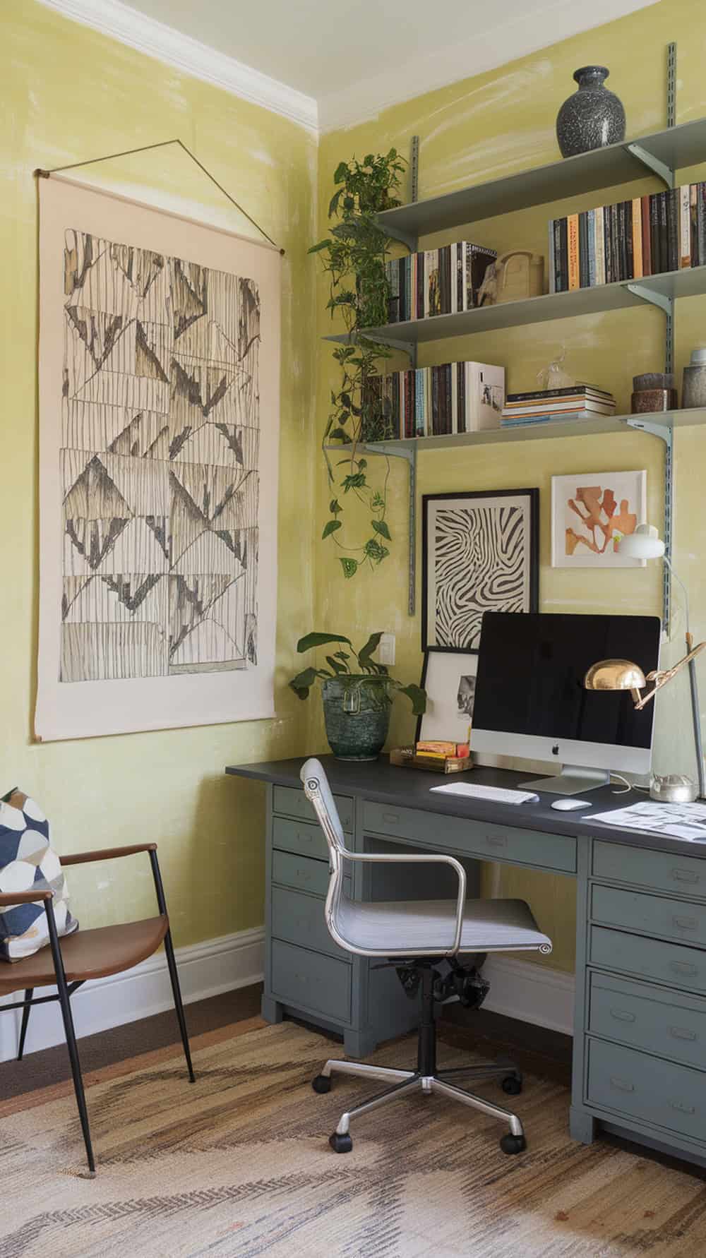 A home office with limewash walls, a desk, and decorative elements.