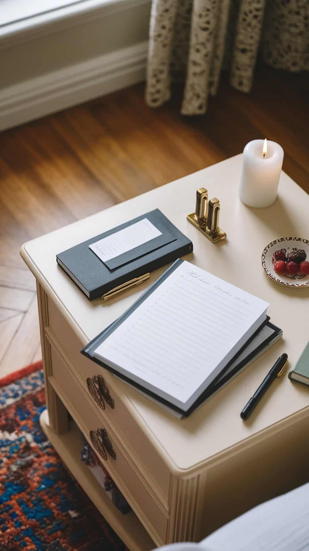 A stylish nightstand with classic writing stationery, including a notebook, pens, and a candle.
