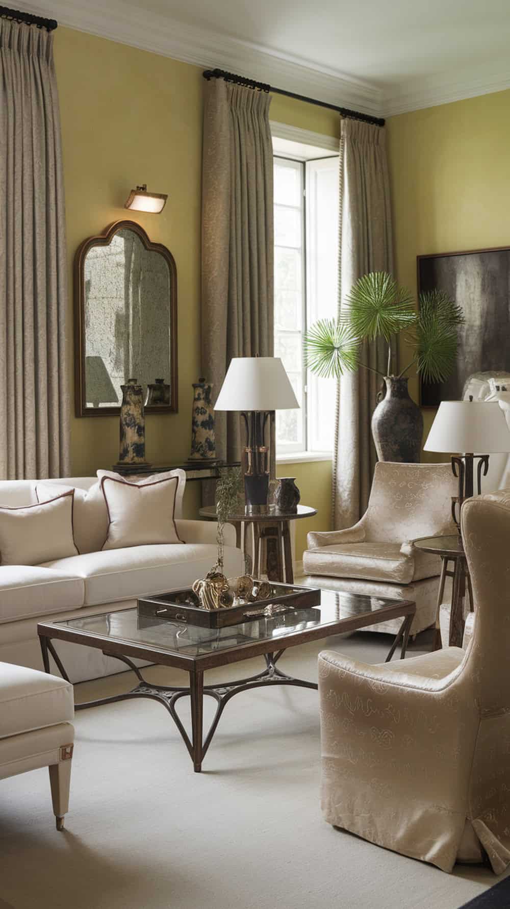 A sophisticated living room featuring limewash walls, elegant furniture, and stylish decor.