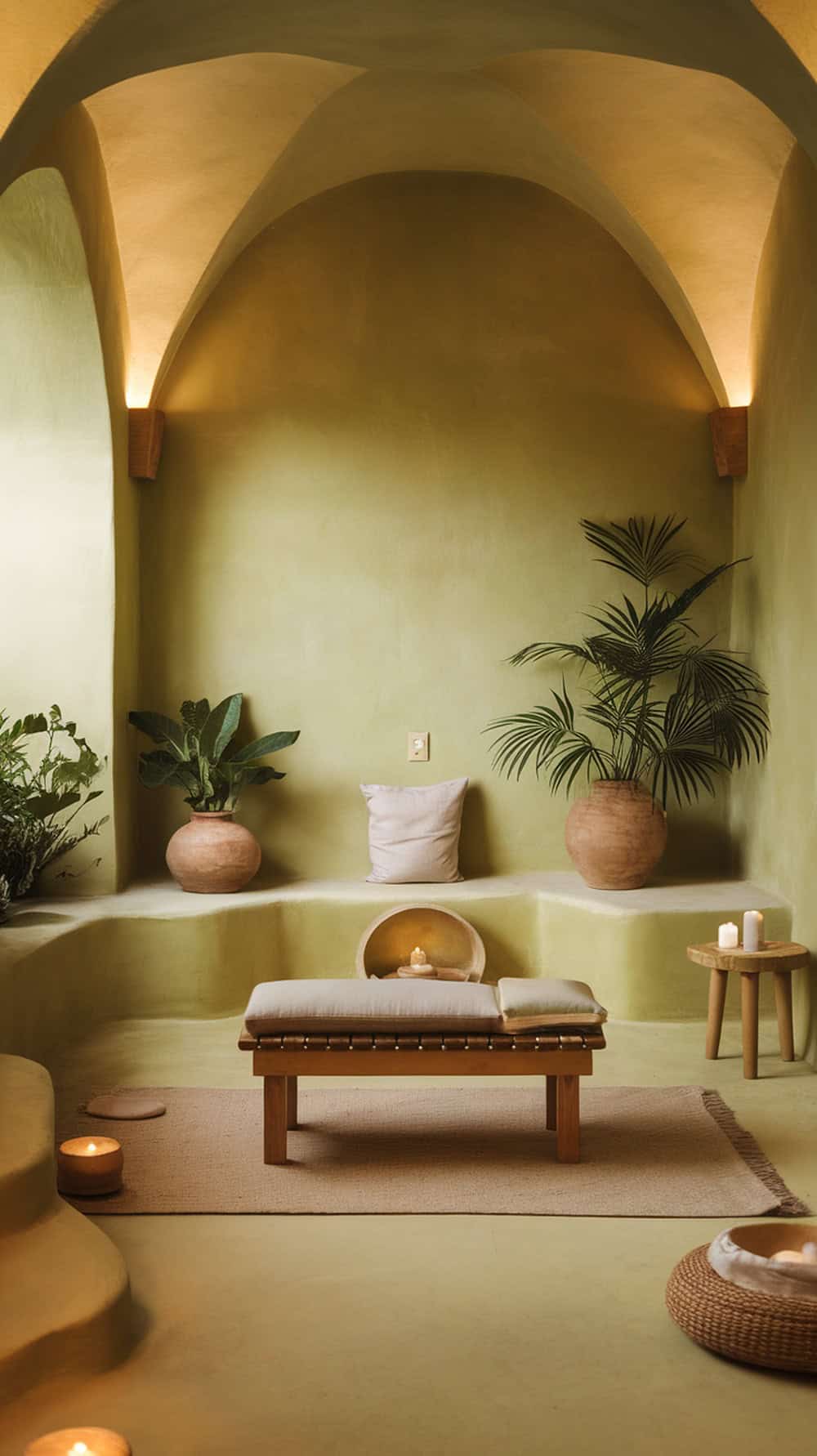 A serene meditation room featuring limewash walls, plants, and cozy seating.