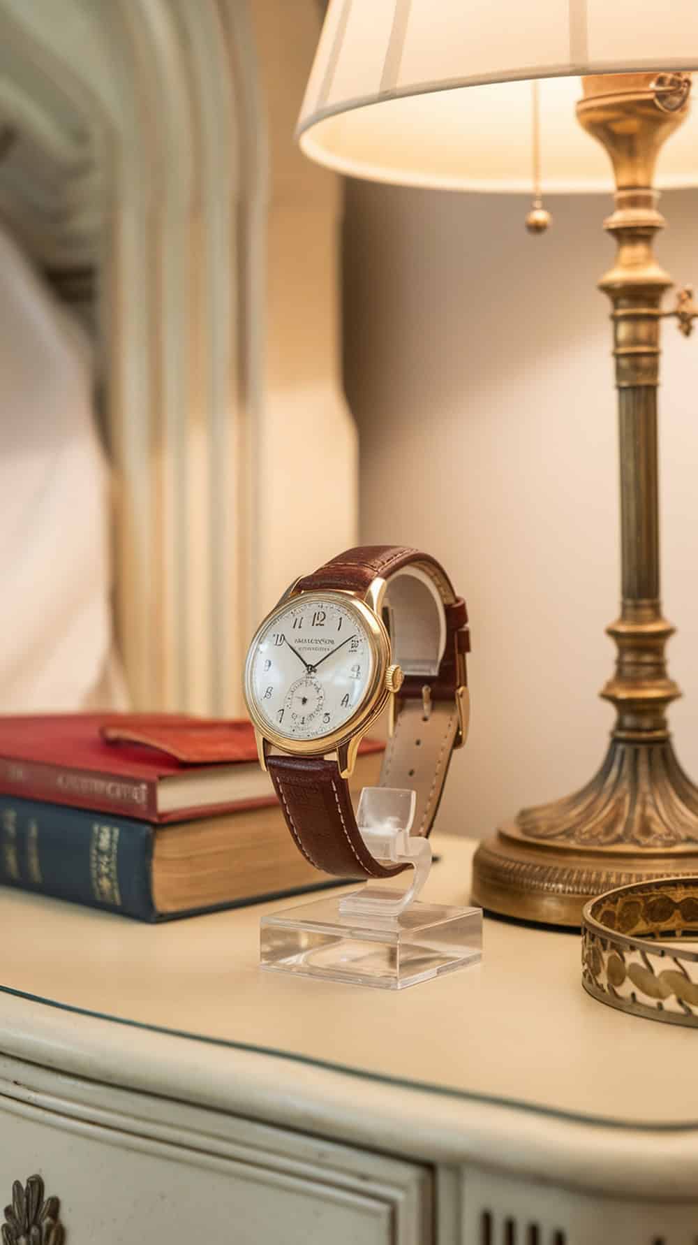 A vintage grandfather's watch displayed on a nightstand with books and a lamp.