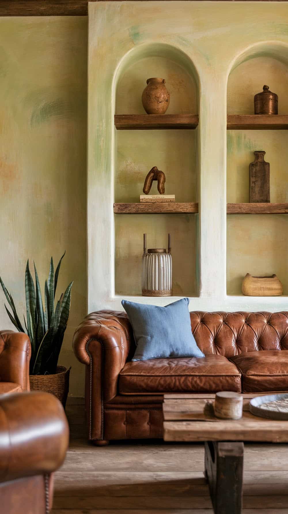 A cozy living room featuring limewash walls, a brown leather couch, and rustic decor.