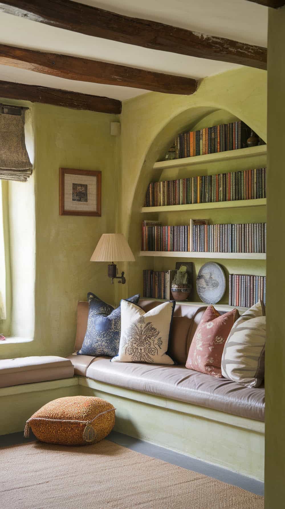 Cozy reading nook with limewash walls, cushions, and bookshelves.