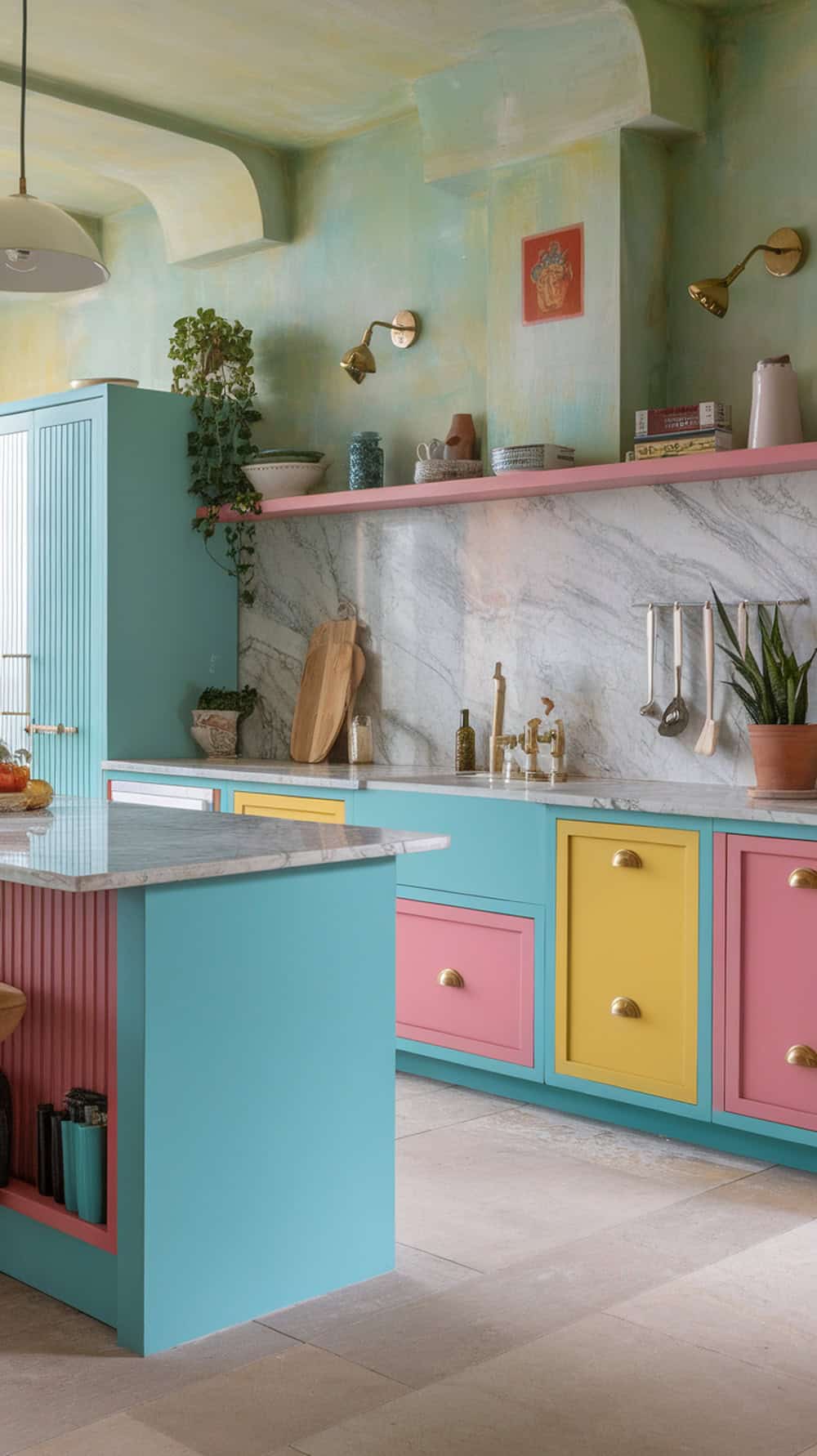 A chic kitchen featuring limewash walls and colorful cabinetry.