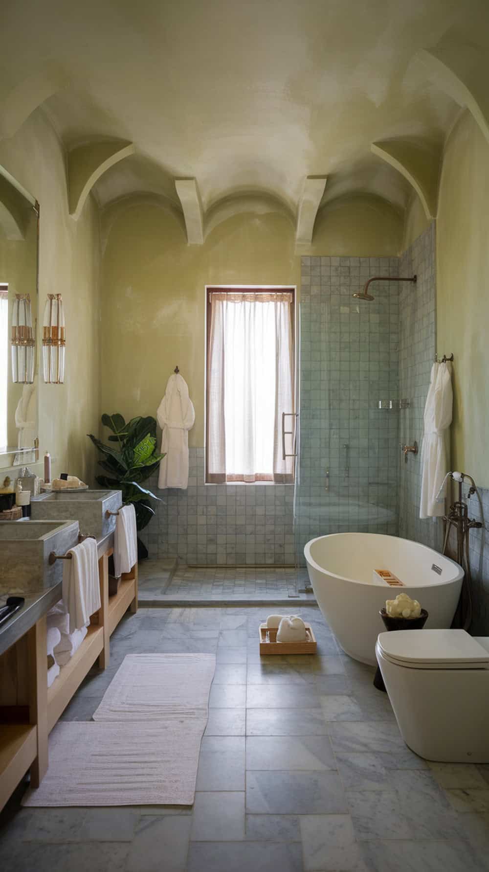Luxurious hotel-inspired bathroom with limewash walls and elegant fixtures.