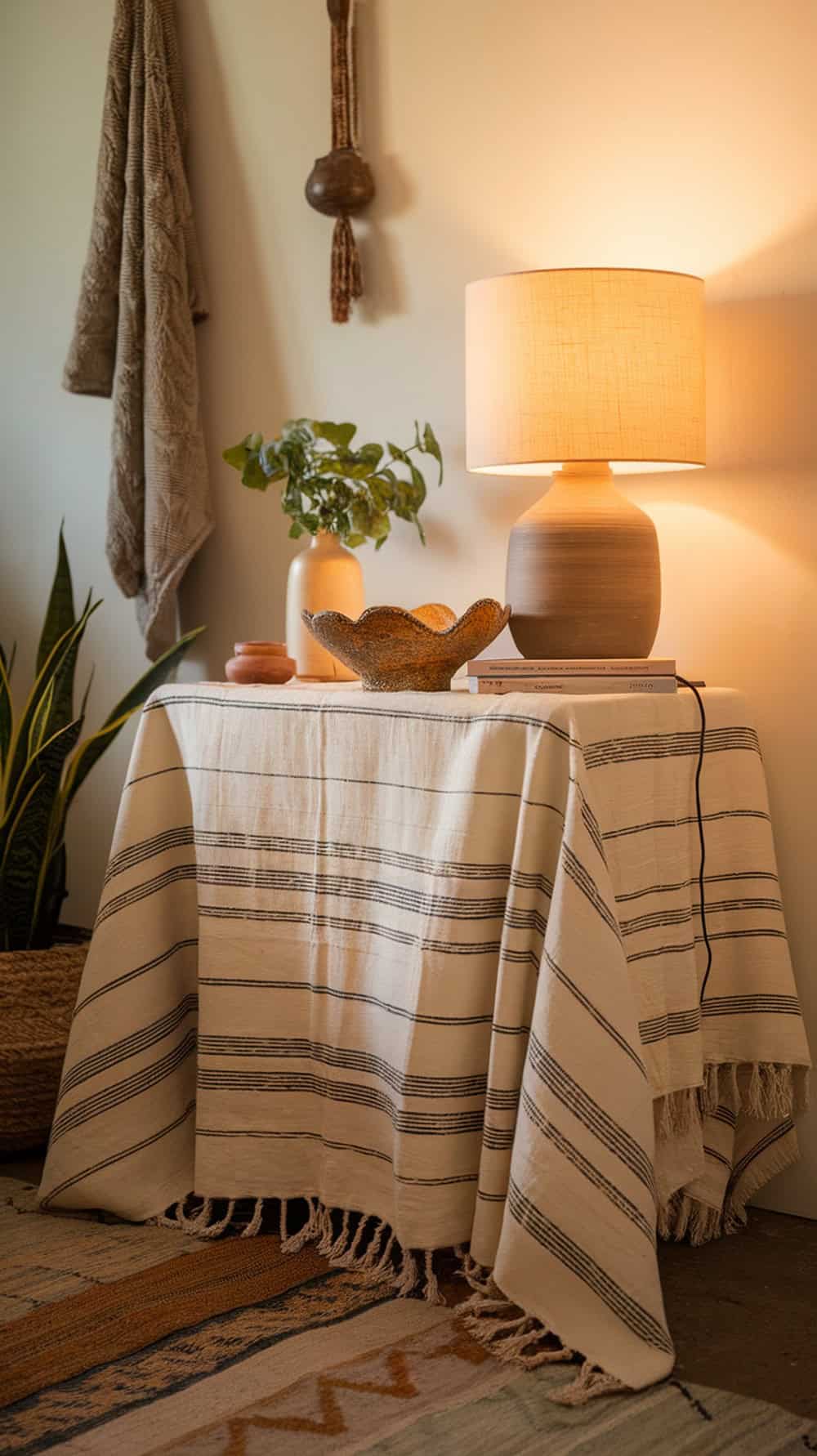 A nightstand styled with artisan woven textiles, featuring a lamp, plant, and decorative bowl.