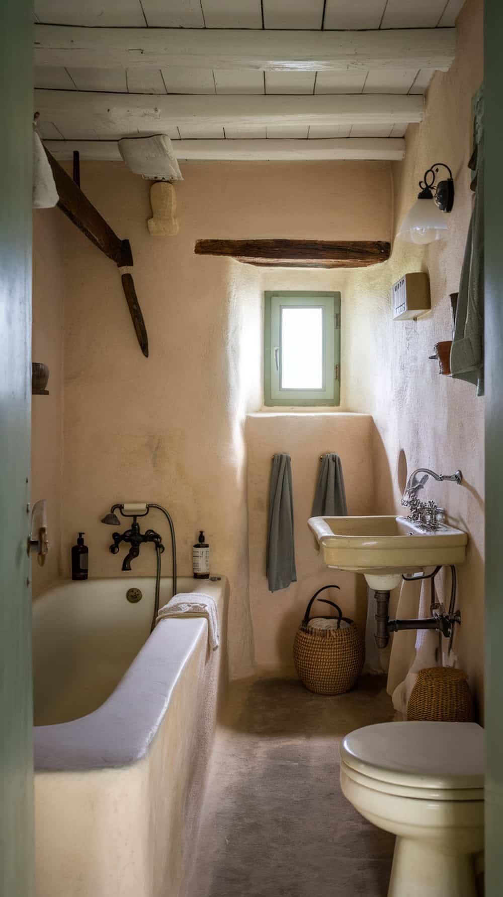 A rustic bathroom with limewash walls, wooden beams, and natural decor.