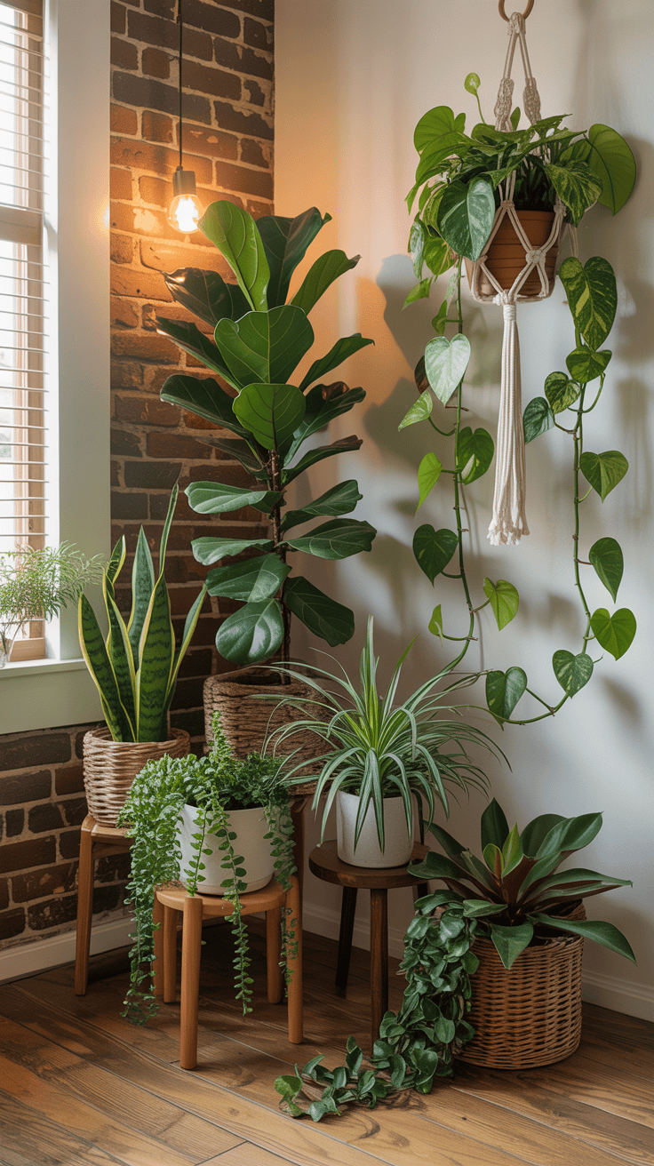 A variety of indoor plants arranged in a cozy corner, showcasing different heights and textures