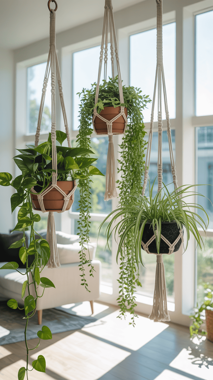 Three hanging planters with lush green plants in a bright living room