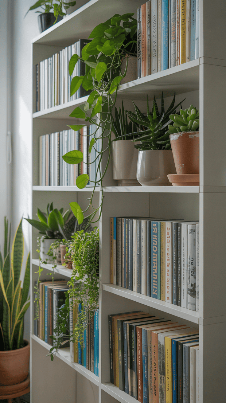 A stylish shelving unit filled with books and various indoor plants