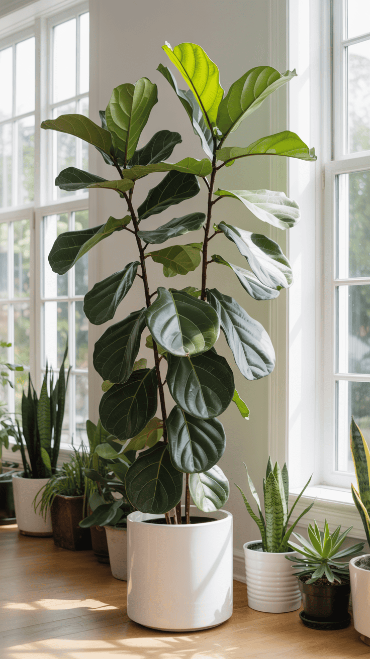 A large leafy indoor plant in a white pot, surrounded by smaller plants in a bright room