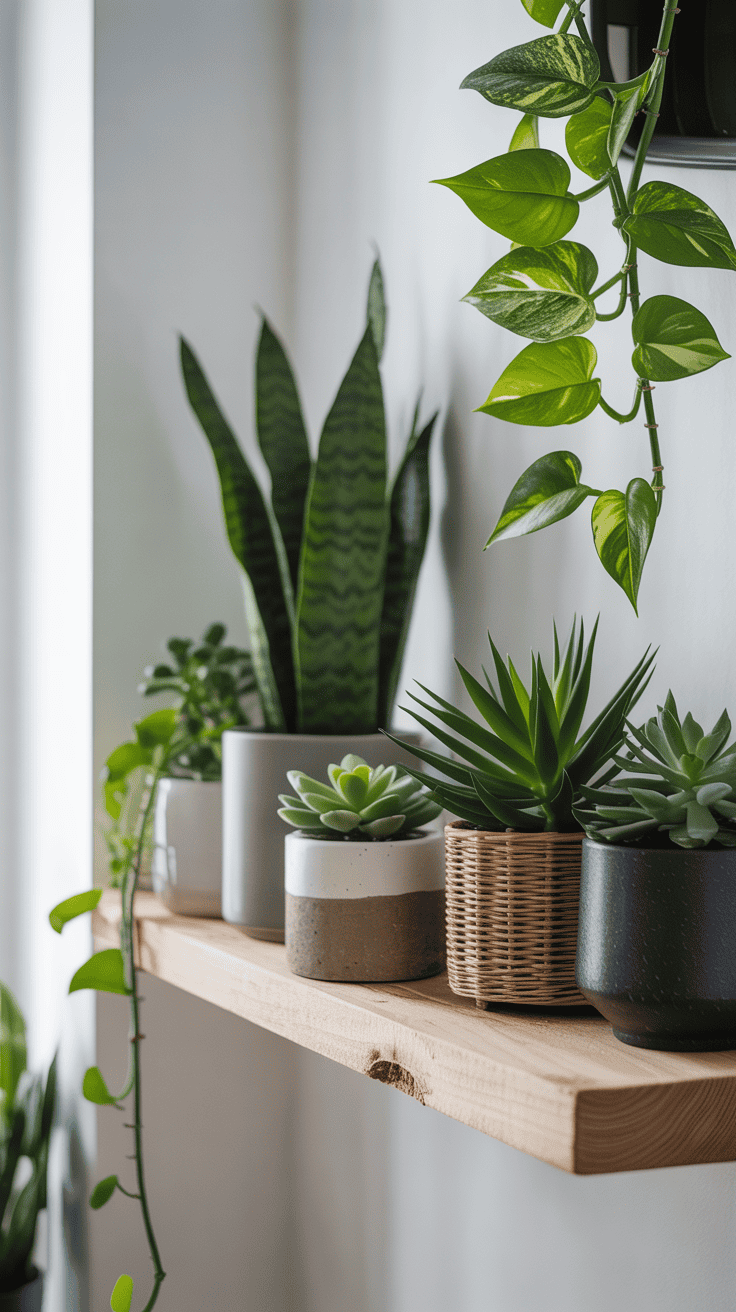A stylish arrangement of indoor plants with varying heights and textures on a shelf