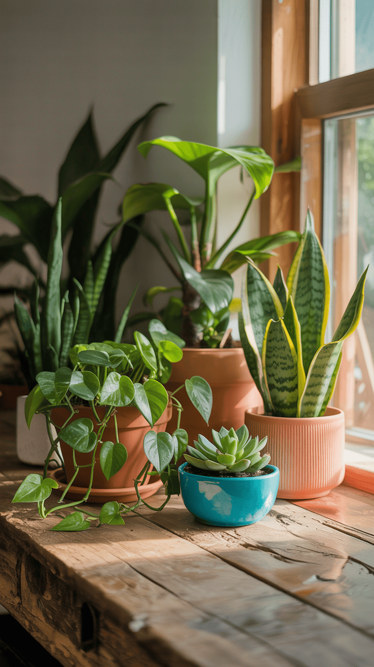 A variety of indoor plants in colorful pots on a wooden table