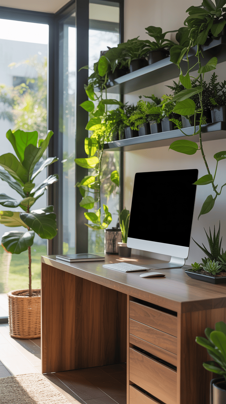 A stylish home office with various indoor plants, a desk, and a computer